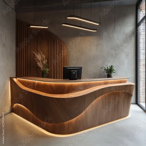 Beautiful wooden reception desk and stylish pendant lights photo