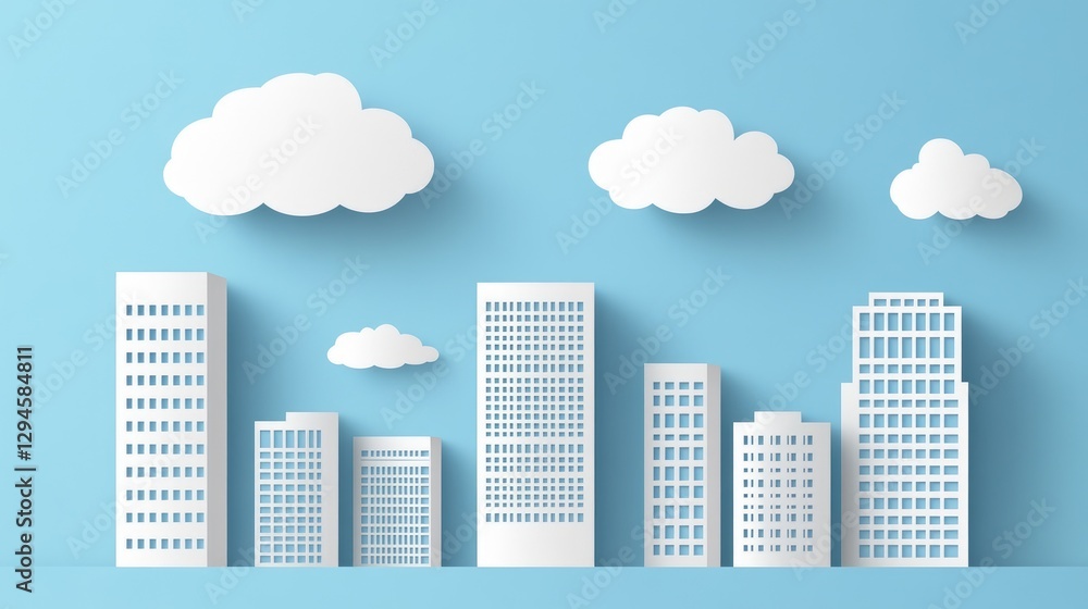Modern urban skyline illustration with white buildings and clouds on blue background Modern urban skyline illustration with white buildings and clouds on blue background