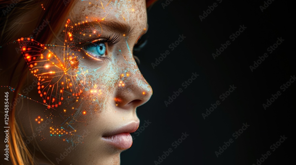 Visual representation of a girl with digital butterfly artwork on her face Visual representation of a girl with digital butterfly artwork on her face