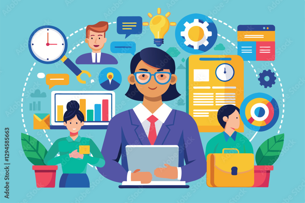 A diverse marketing consulting team collaborates on strategy development using modern tools and technology, Marketing consulting Customizable Flat Illustration A diverse marketing consulting team collaborates on strategy development using modern tools and technology, Marketing consulting Customizable Flat Illustration