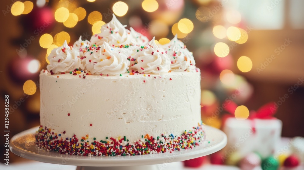 Festive Creamy Cake with Colorful Sprinkles and Holiday Decor Festive Creamy Cake with Colorful Sprinkles and Holiday Decor