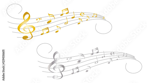 Set of 2 abstract clef and music notes along a musical stave in 3D space, gold and silver version included, transparent background
