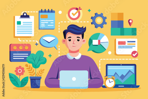 A man sits at a laptop with various marketing tools and icons displayed around him, highlighting productivity, Marketing Customizable Flat Illustration