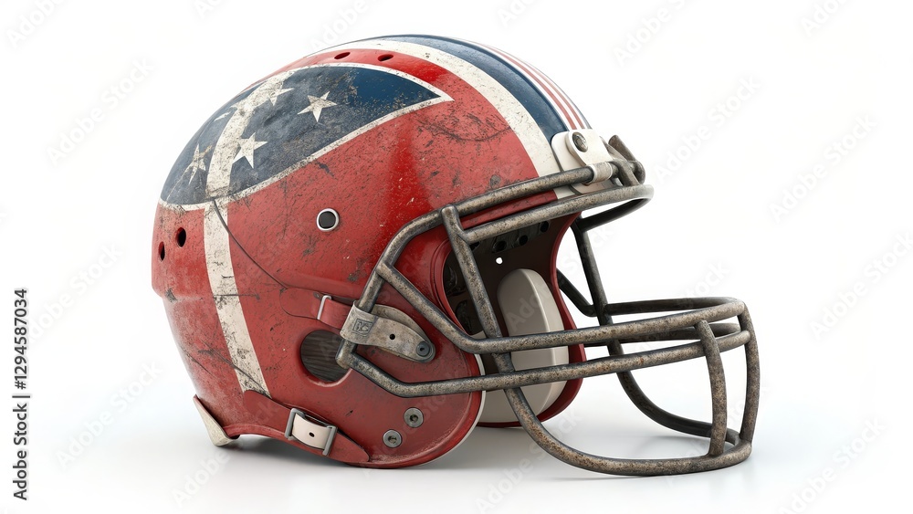 Fototapeta premium Distressed American Football Helmet with Confederate Flag Design, 3D Render, Side View, Vintage Sport, American Civil War American Football, Confederate Flag