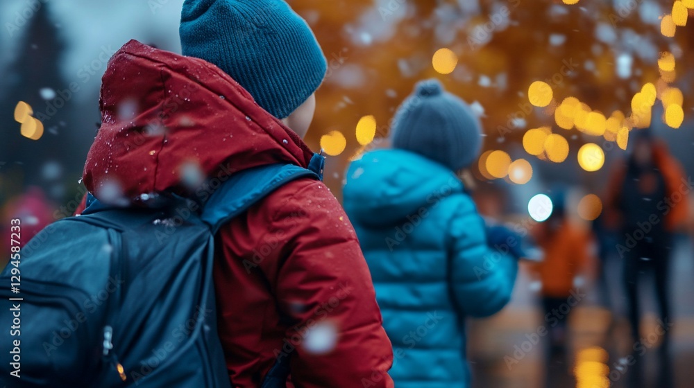 Children on the way to School During Winter with Light Illumination Children on the way to School During Winter with Light Illumination
