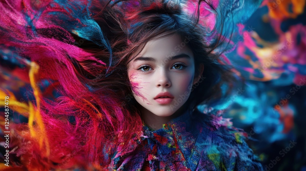 Young Girl Surrounded by Colorful Swirling Abstract Art Background Young Girl Surrounded by Colorful Swirling Abstract Art Background