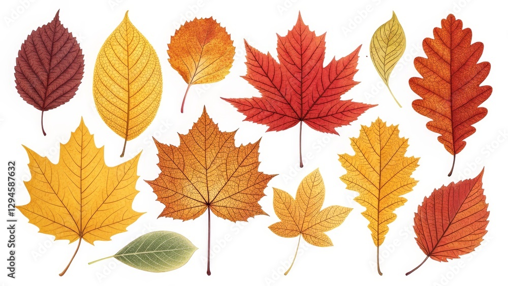 Autumn Leaf Collection Diverse Shapes and Colors, Close-up, White Background, Fall Foliage Fall leaves, autumn colors Autumn Leaf Collection Diverse Shapes and Colors, Close-up, White Background, Fall Foliage Fall leaves, autumn colors