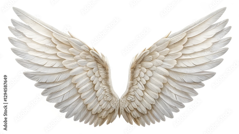 Fototapeta premium Angelic Wings Symmetrical Composition, Off-White Feathers, Heavenly Concept, Angel Wings, Bird Wings Angel Wings, Feathers