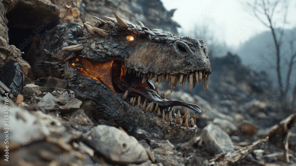 Fototapeta premium Majestic Dragon Emerging from Rocky Cave in Barren Landscape