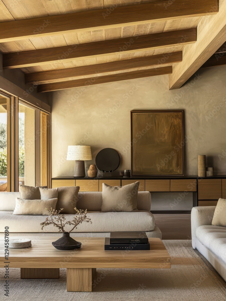 Fototapeta premium The image shows a modern living space with wood elements