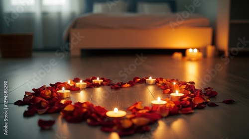 A scenic view of a heart-shaped arrangement of candles and rose petals on a bedroom floor, with soft light and romantic mood, captured in a minimalist style