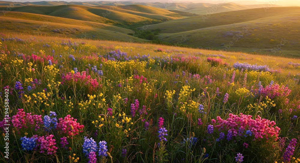 Obraz premium Rolling Hills Landscape with Wildflowers Blooming at Sunset, Golden Hour