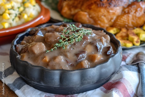 Delicious Creamy Mushroom Gravy Bowl Thanksgiving Dinner photo