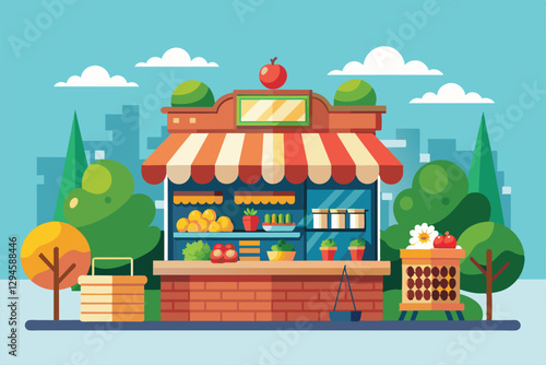 A welcoming marketplace features colorful fruits and vegetables with trees and clouds in a lively city backdrop, Marketplace Customizable Semi Flat Illustration