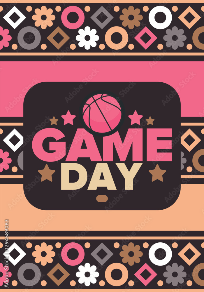 Obraz premium Game Day. Basketball football playoff in March. Super sport party in United States. Final games of season tournament. Professional team championship. Ball for basketball. Sport poster. Vector