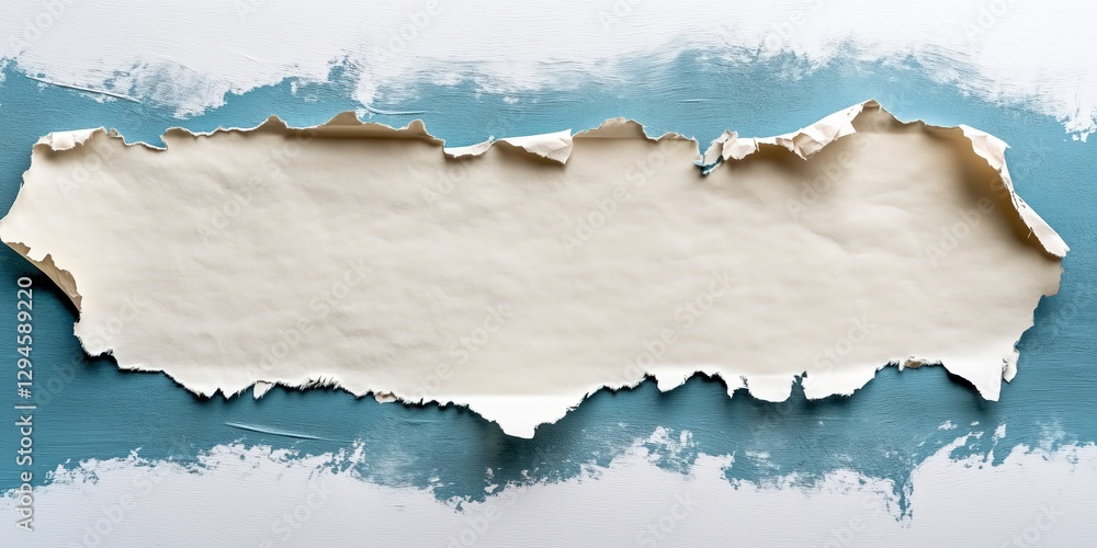 Fototapeta premium Revealing the Canvas: A section of paper has been torn, revealing a glimpse of an underlying painted surface in shades of blue and off-white, creating a compelling visual metaphor.