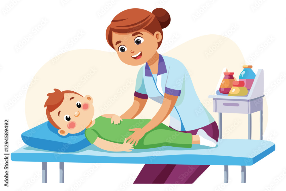 A caring therapist provides soothing massage therapy to a cute baby on a massage table in a medical office, Massage therapist working with cute baby in medical isolated white background A caring therapist provides soothing massage therapy to a cute baby on a massage table in a medical office, Massage therapist working with cute baby in medical isolated white background