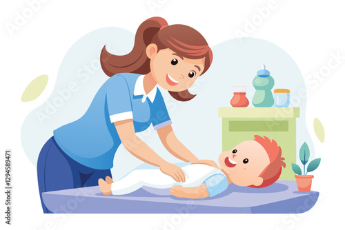 A massage therapist expertly assists a smiling baby during a soothing session in a clinic, Massage therapist working with cute baby in medical isolated white background