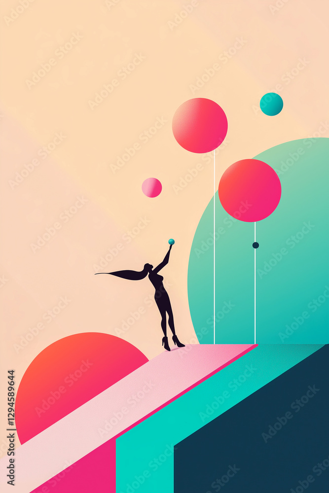 A woman is holding a balloon and is standing on a platform