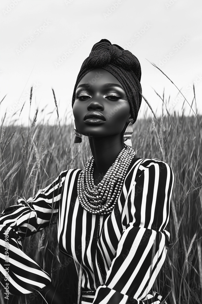 A woman wearing a black and white striped shirt and a black head scarf