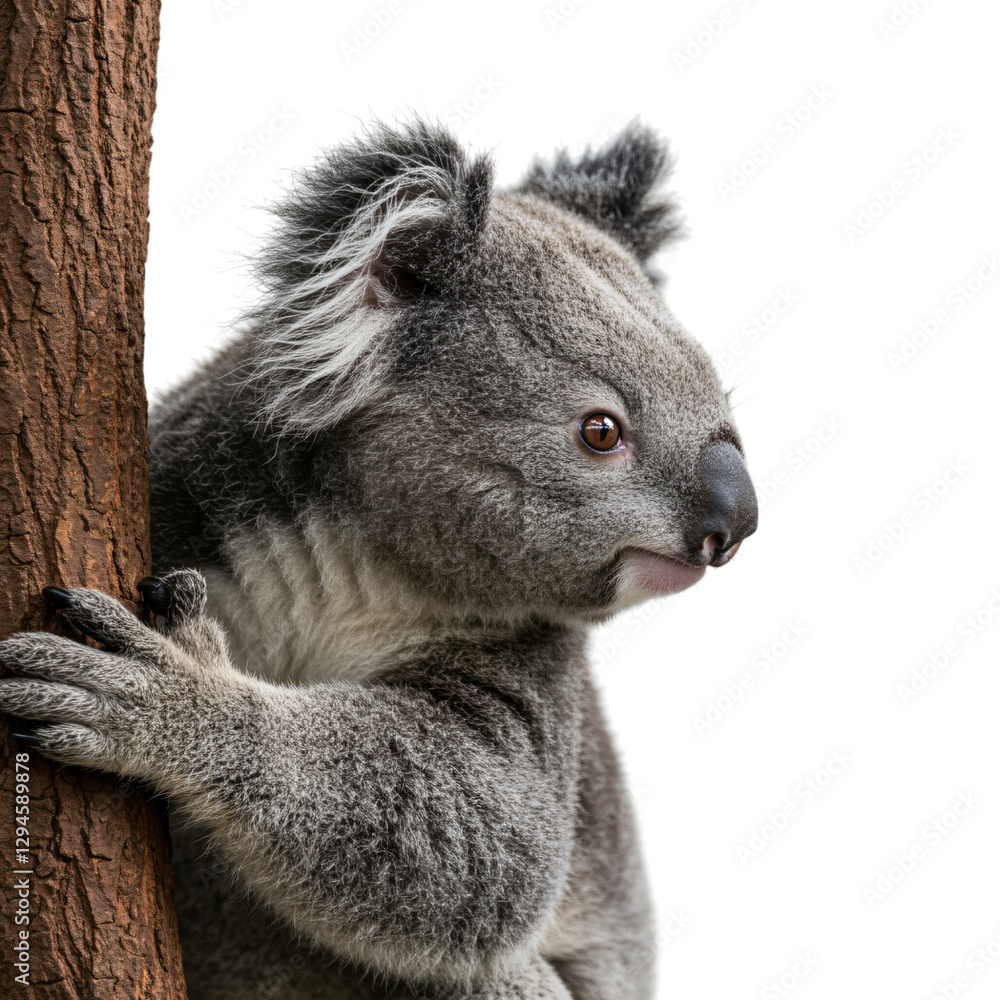 Fototapeta premium Close-up of a koala clinging to a tree trunk.
