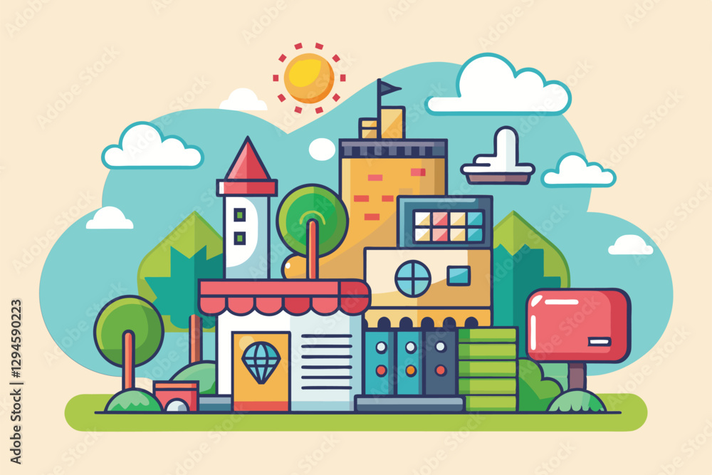 Fototapeta premium This vibrant illustration showcases various customizable semi-flat buildings surrounded by trees and clouds, Measure Customizable Semi Flat Illustration