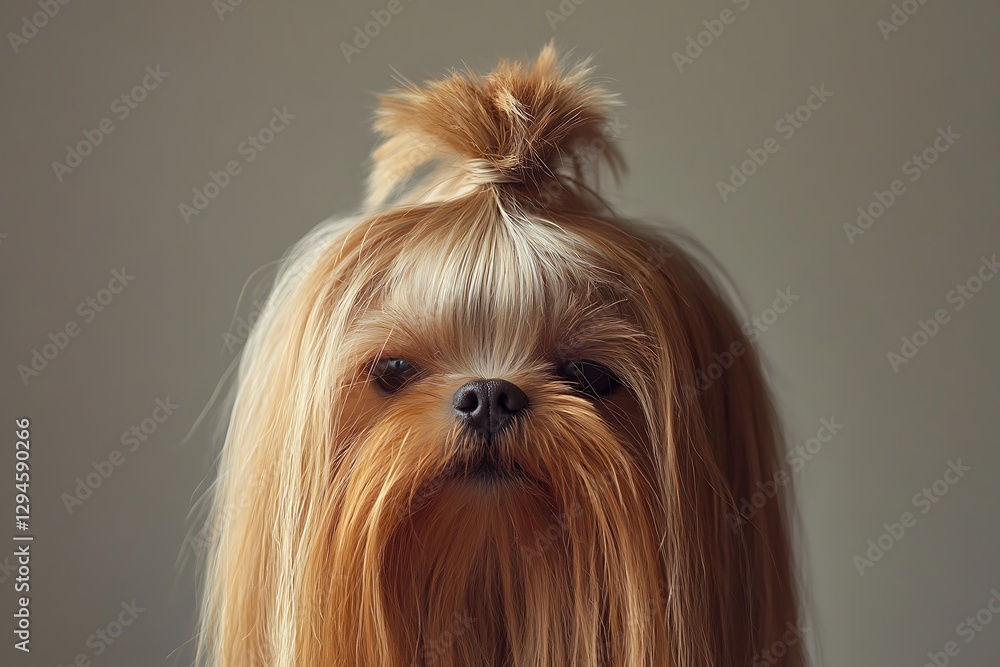 Naklejka premium Portrait of a cute dog with long brown hair on a neutral background