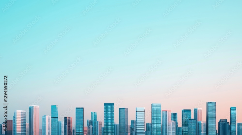 Fototapeta premium A serene city skyline at dusk, showcasing modern architecture against a gradient sky of soft blue and pink hues.