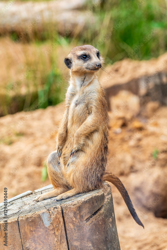Fototapeta premium Meerkat, Suricata suricatta, on hind legs. Portrait of meerkat standing on hind legs with alert expression. Portrait of a funny meerkat sitting on its hind legs.