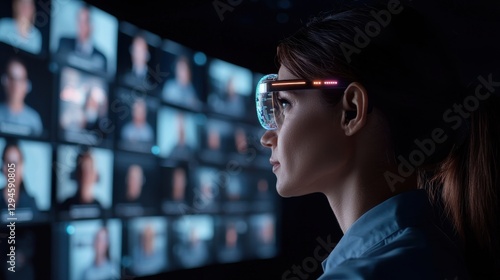 A focused woman with glasses observes multiple screens displaying various faces, highlighting technology and surveillance in a dimly lit environment.