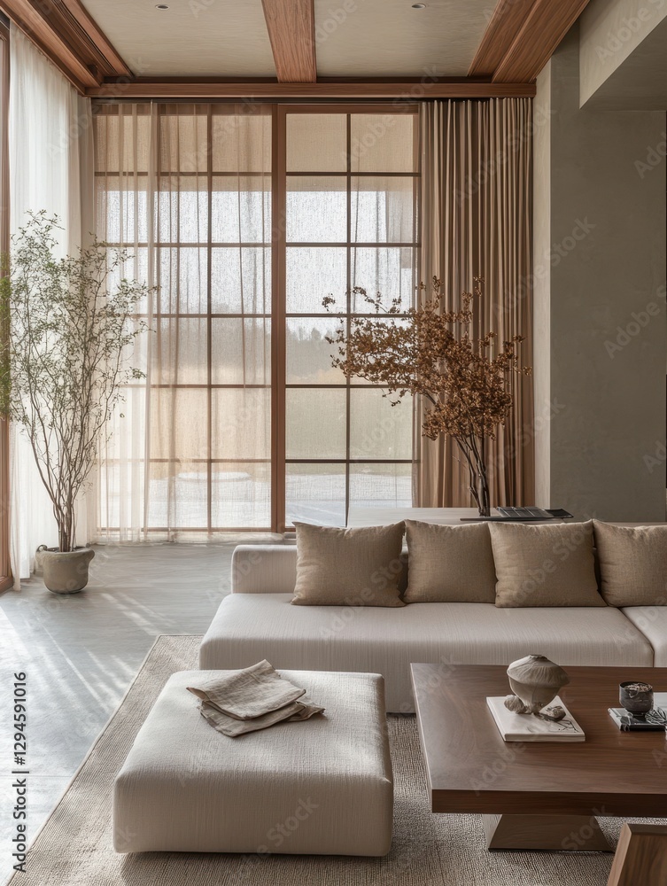 Fototapeta premium A contemporary living room is tastefully decorated and furnished