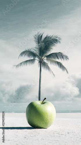 Photo of a green apple on a grey background
