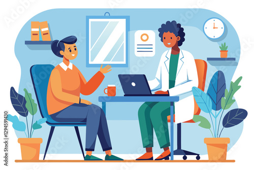 A healthcare professional engages with a patient in a well-lit medical office while discussing health concerns, Medical doctor consultation