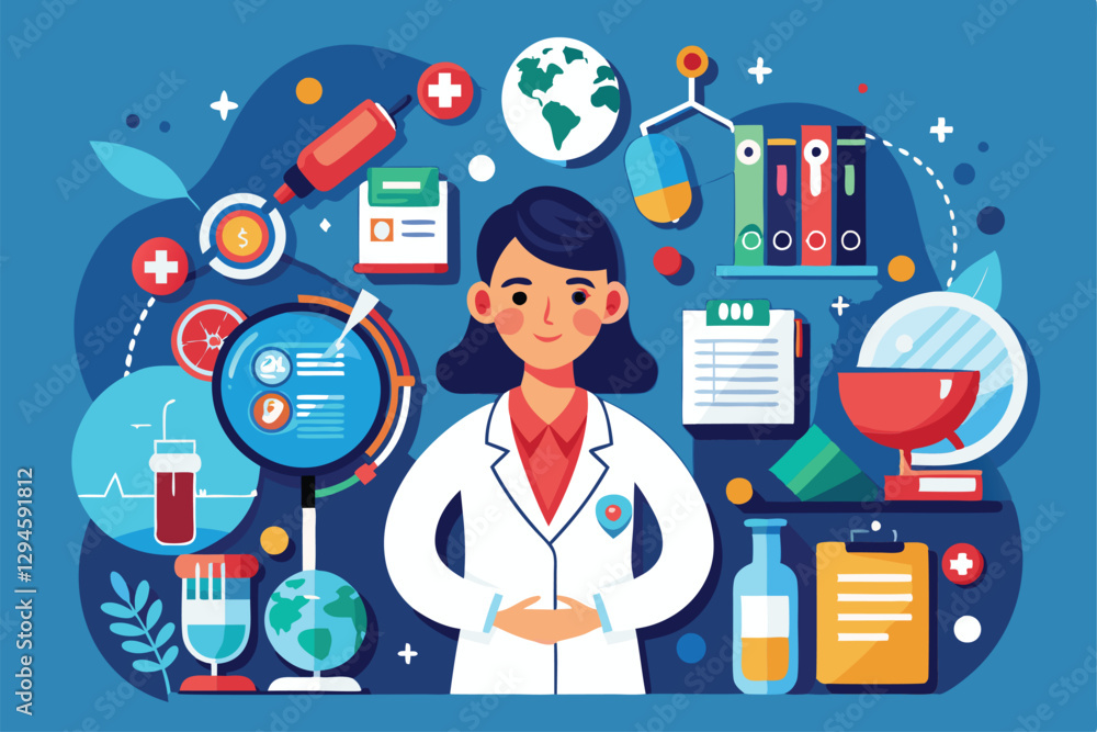 A researcher stands surrounded by elements of medical research, highlighting customization and collaboration, Medical research Customizable Disproportionate Illustration A researcher stands surrounded by elements of medical research, highlighting customization and collaboration, Medical research Customizable Disproportionate Illustration