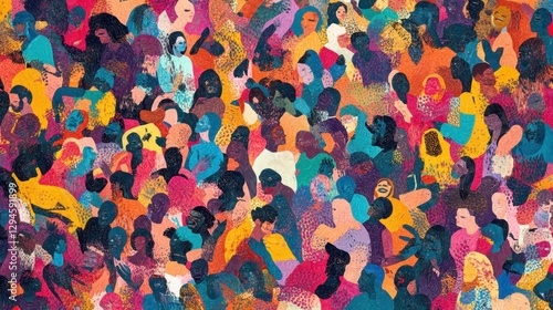 Colorful diverse people crowd abstract art seamless pattern. Multi-ethnic community, big cultural diversity group background illustration in modern collage painting style