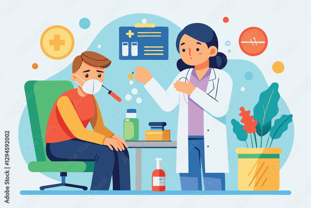 A healthcare worker administers medicine to a cough patient during a consultation in a clinic, Medicine and treatment for caugh patients A healthcare worker administers medicine to a cough patient during a consultation in a clinic, Medicine and treatment for caugh patients