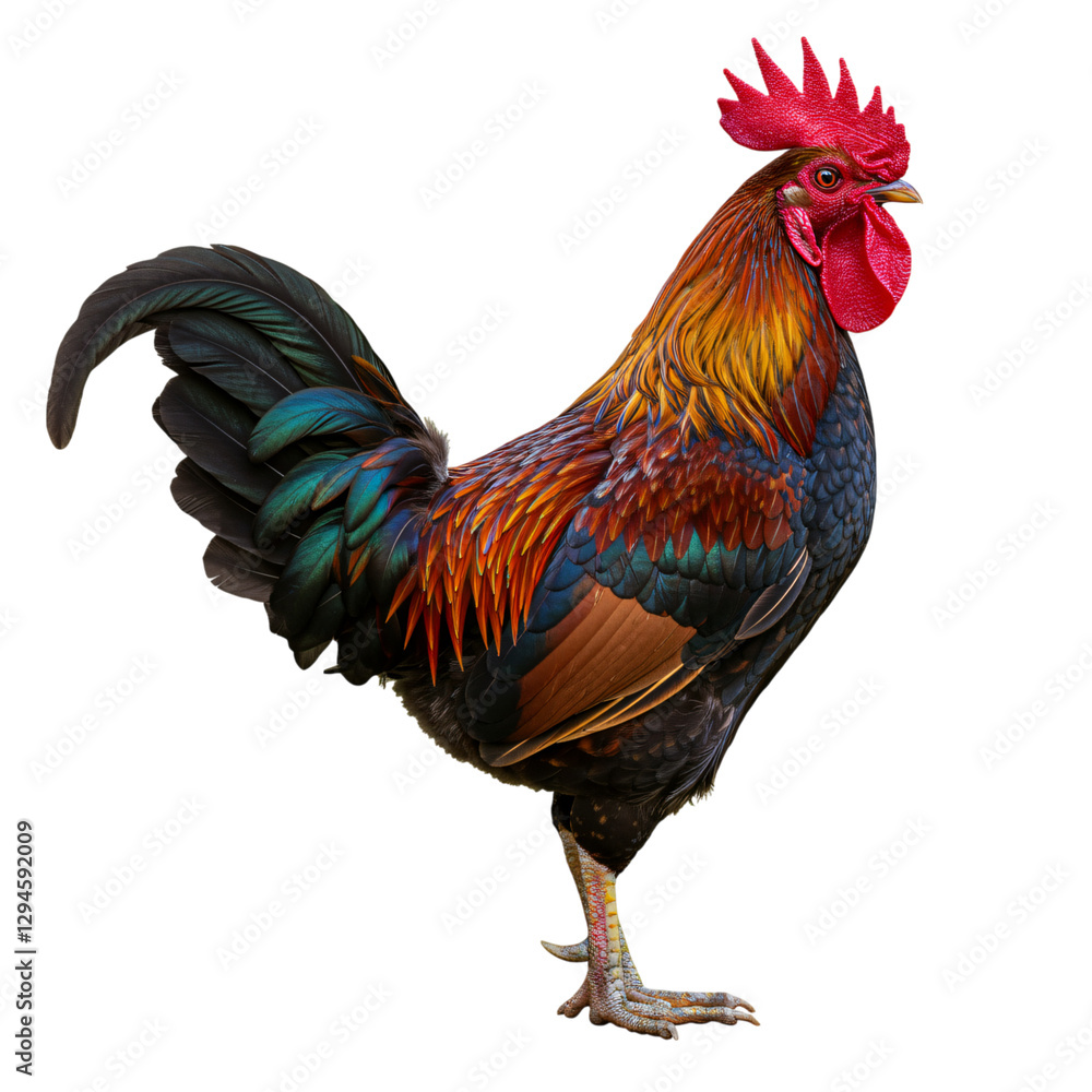 Fototapeta premium Vibrant Rooster with Colorful Feathers, Isolated on Transparent Background