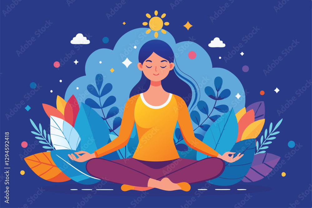 A woman sits cross-legged in meditation, finding psychological stability amidst colorful leaves and plants, Meditation, psychological stability, A woman sits cross-legged in meditation, finding psychological stability amidst colorful leaves and plants, Meditation, psychological stability,