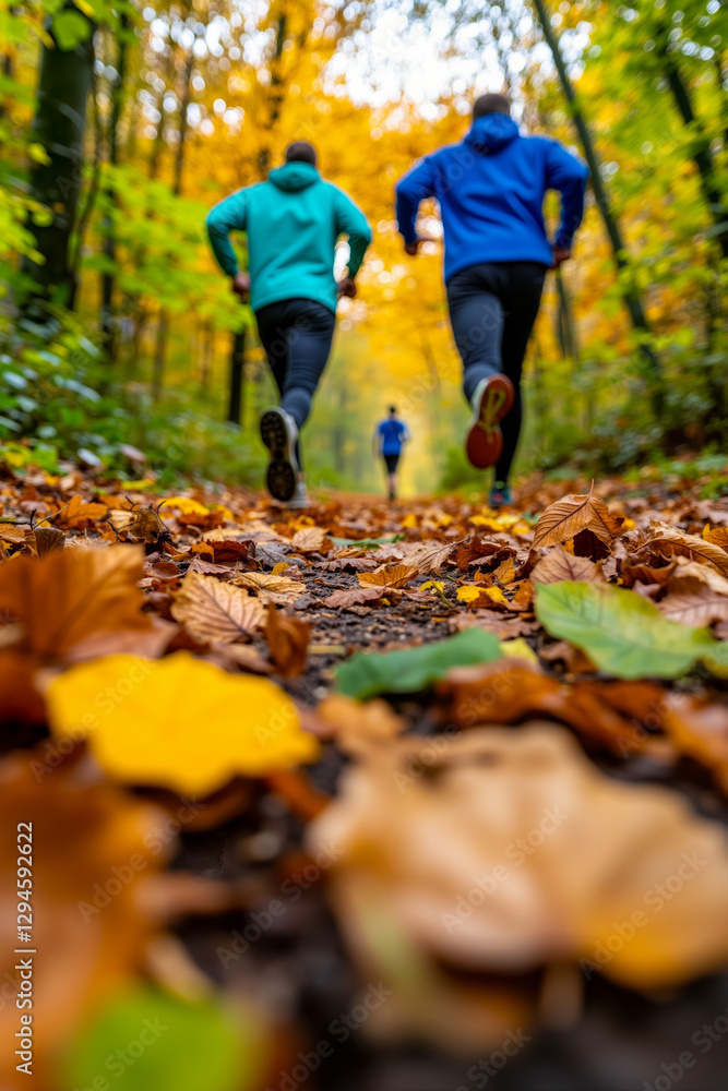 Two people running in the woods in the fall Two people running in the woods in the fall