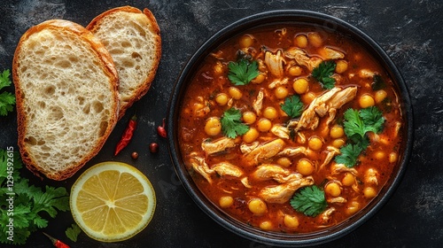 Wallpaper Mural Chicken and Chickpea Stew, Bowl, Bread, Lemon, Dark Background Torontodigital.ca