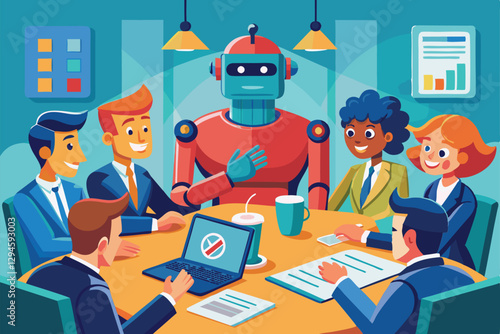 A diverse group of professionals engages in a collaborative meeting with a robot, exploring new technologies, Meeting with robot concept,