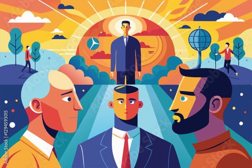 Individuals engage in a visual journey to connect with their unconscious self during a serene sunset, Meeting with unconscious part of self concept,