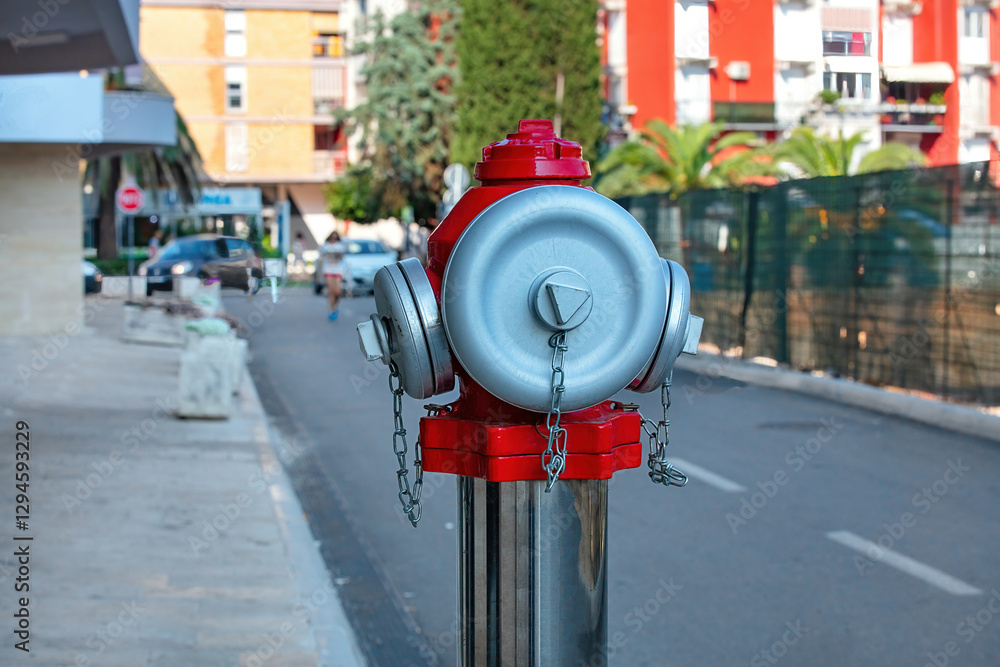 Bright red fire hydrant stands out on a sunny city street surrounded by greenery