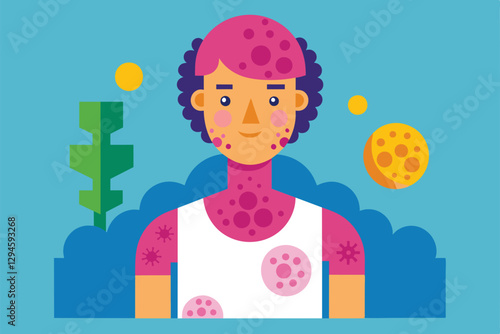 A colorful illustration features a person with melanoma spots on their skin, promoting health awareness and education, Melanoma Customizable Disproportionate Illustration