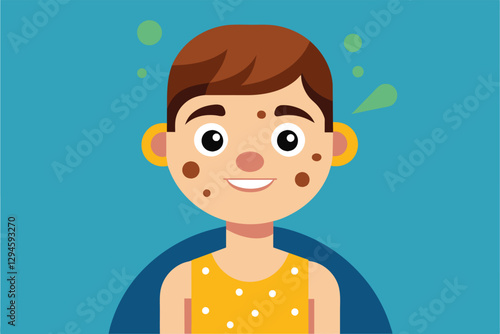 A cheerful character with melanoma spots sits happily, showcasing the importance of skin health awareness, Melanoma Customizable Cartoon Illustration