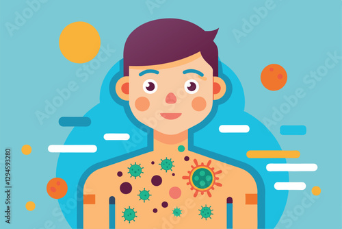 A colorful visualization shows a person with illustrative spots representing melanoma on their skin, Melanoma Customizable Flat Illustration