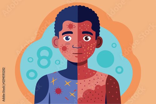 A split illustration showcases the visual impact of melanoma on skin color and texture, emphasizing contrast, Melanoma Customizable Disproportionate Illustration