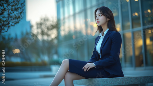 Free Download Graceful Office Reflection: A Concept of Poised Sophistication Featuring a Young Asian Woman in a Navy Suit Sitting Elegantly on a Stone Bench Against a Modern Glass Building in Soft Evening Light - GFXLoad