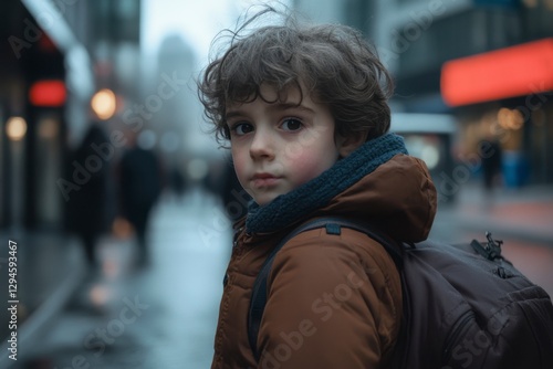 Wallpaper Mural A young boy with curly hair stands on a city street, wearing a brown jacket and backpack, with blurred figures in the background. Torontodigital.ca