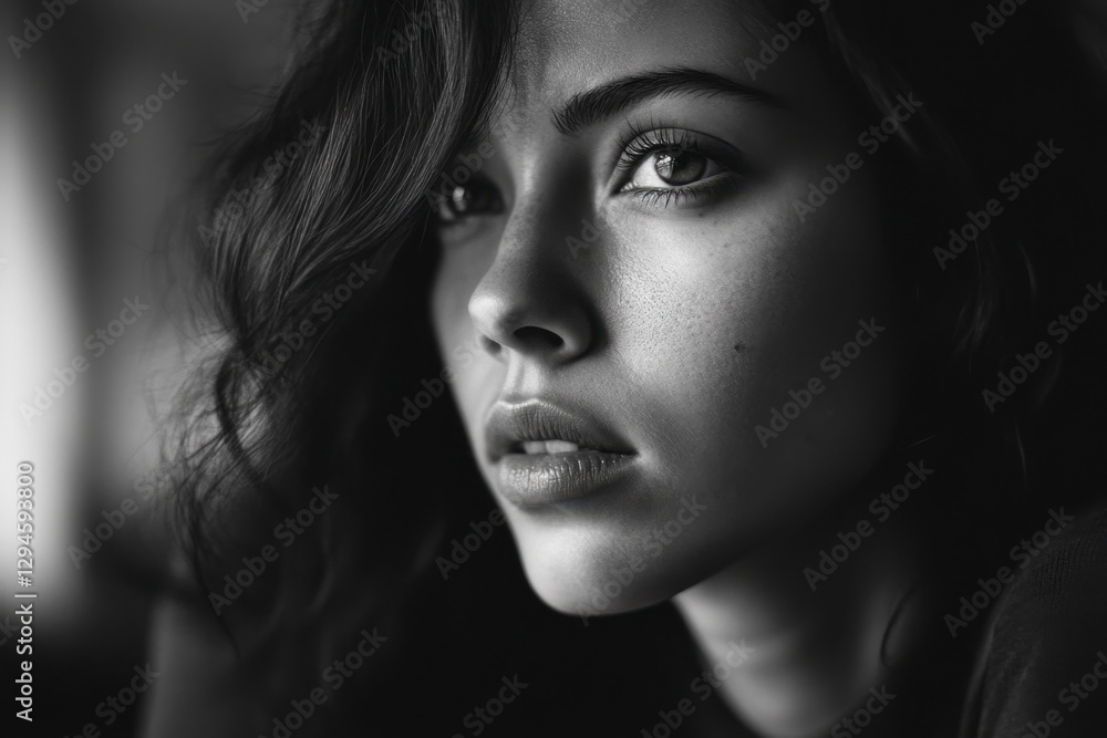 Striking black and white portrait of a young woman with elegant, wavy hair, gazing thoughtfully into the distance, captured in a h Striking black and white portrait of a young woman with elegant, wavy hair, gazing thoughtfully into the distance, captured in a h